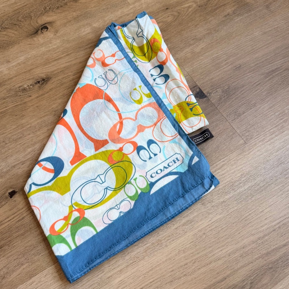 Coach Signature C Logo Butterfly Print Cotton Scarf Blue Orange Lime Green